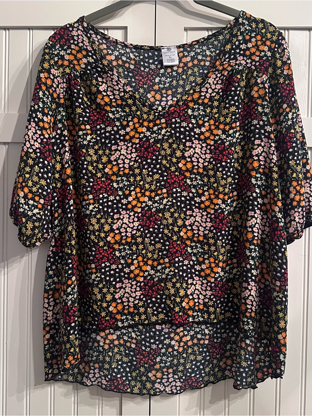 Cozy Rozy Floral Scoop-Neck High-Low Blouse with Short Puff Sleeves Made in USA